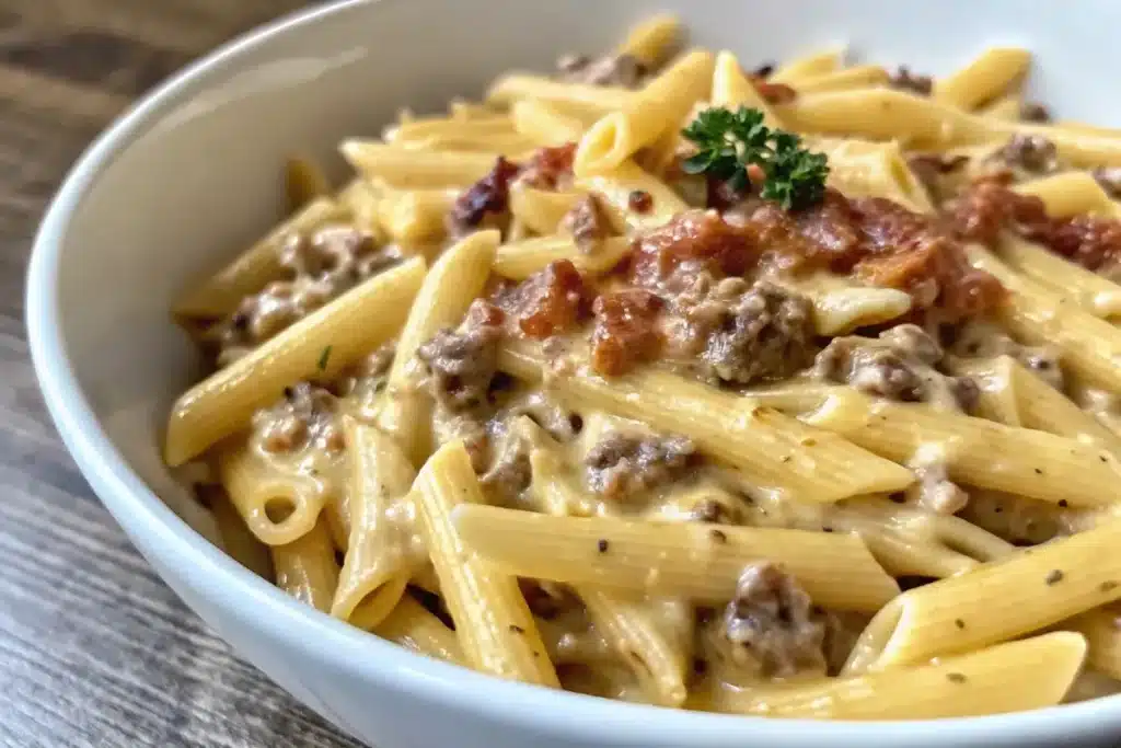 Best Loaded Bacon Cheeseburger Alfredo Pasta Recipe